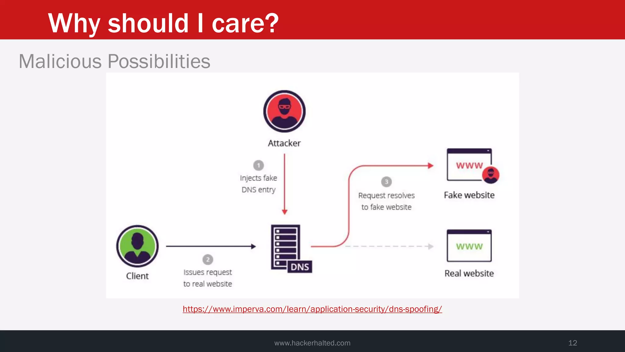 Why should I care?
www.hackerhalted.com 12
Malicious Possibilities
https://www.imperva.com/learn/application-security/dns-spoofing/
 