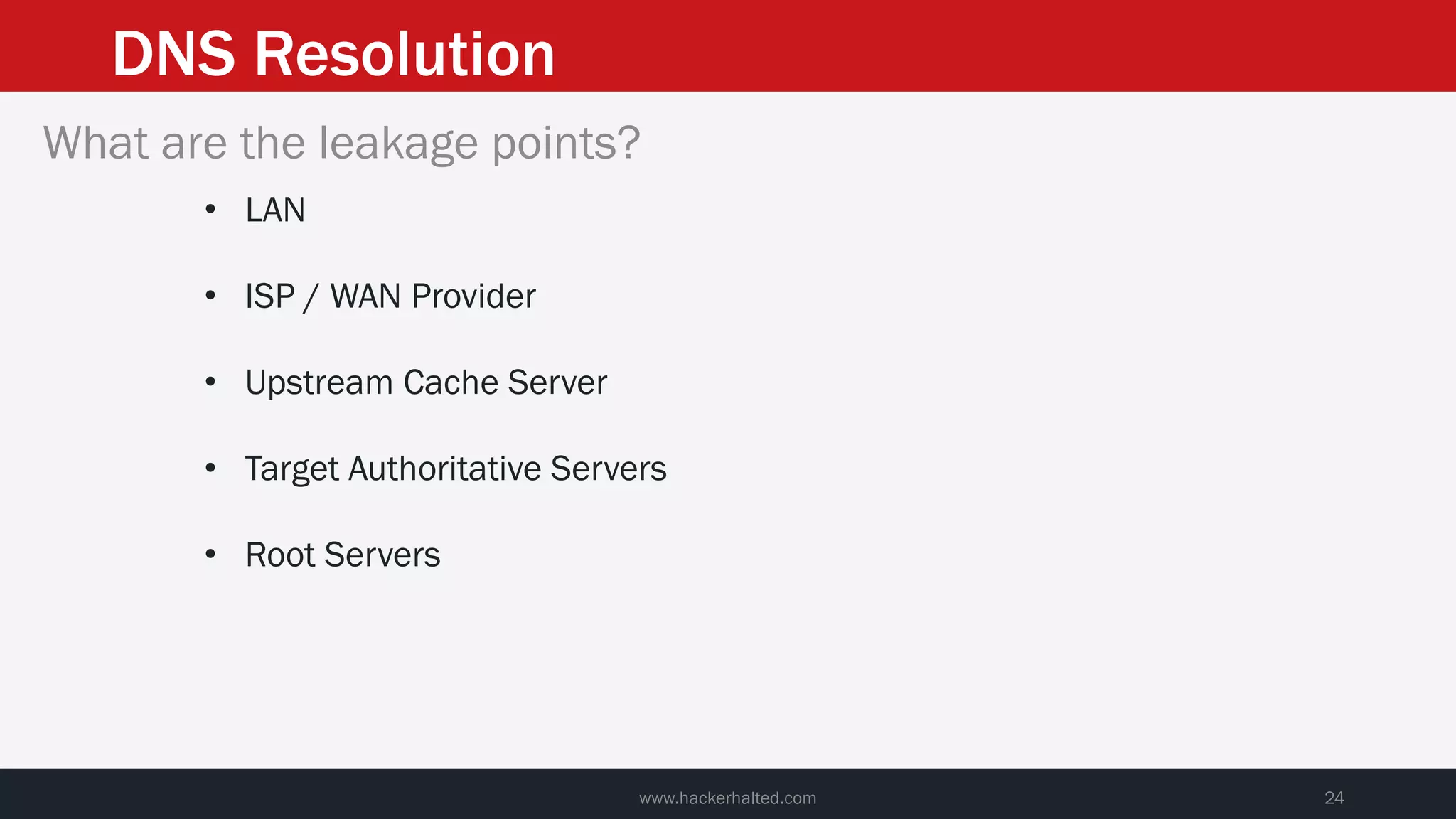 DNS Resolution
www.hackerhalted.com 24
What are the leakage points?
• LAN
• ISP / WAN Provider
• Upstream Cache Server
• Target Authoritative Servers
• Root Servers
 