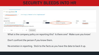 SECURITY BLEEDS INTO HR
What is the company policy on reporting this? Is there one? Make sure you know!
Don’t confront the person if you know them.
No emotion in reporting. Stick to the facts as you have the data to back it up.
 