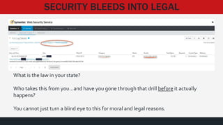 SECURITY BLEEDS INTO LEGAL
What is the law in your state?
Who takes this from you…and have you gone through that drill before it actually
happens?
You cannot just turn a blind eye to this for moral and legal reasons.
 