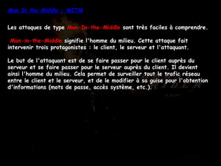 Man In the Middle  - MITM Les attaques de type  Man-In-the-Middle  sont très faciles à comprendre. Man-in-the-Middle  signifie l'homme du milieu. Cette attaque fait intervenir trois protagonistes : le client, le serveur et l'attaquant.  Le but de l'attaquant est de se faire passer pour le client auprès du serveur et se faire passer pour le serveur auprès du client. Il devient ainsi l'homme du milieu. Cela permet de surveiller tout le trafic réseau entre le client et le serveur, et de le modifier à sa guise pour l'obtention d'informations (mots de passe, accès système, etc.).  
