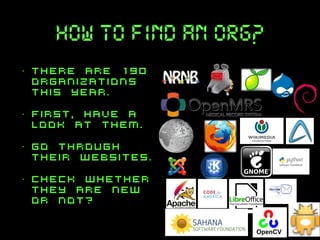 how to find an org?
•

there are 190
organizations
this year.

•

first, have a
look at them.

•

go through
their websites.

•

check whether
they are new
or not?

 
