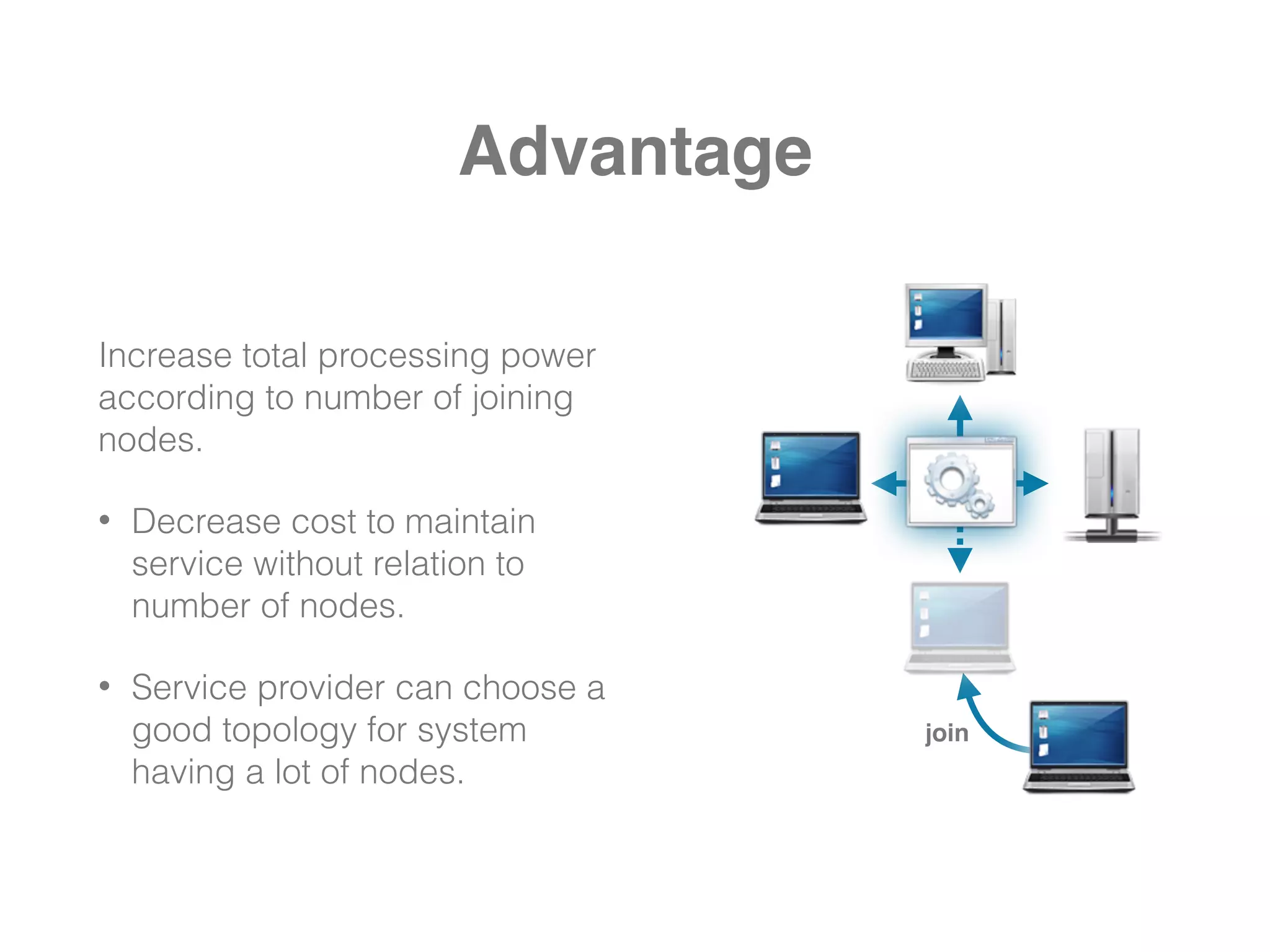 Advantage
Increase total processing power
according to number of joining
nodes.
• Decrease cost to maintain
service without relation to
number of nodes.
• Service provider can choose a
good topology for system
having a lot of nodes.
join
 