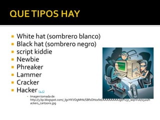    White hat (sombrero blanco)
   Black hat (sombrero negro)
   script kiddie
   Newbie
   Phreaker
   Lammer
   Cracker
   Hacker (4,5)
       ▪ Imagen tomada de:
         http://3.bp.blogspot.com/_lgxYKVOgMHk/SBfsOH0xfeI/AAAAAAAAJgI/Pu37_wqnV2k/s320/h
         ackers_cartoons.jpg
 