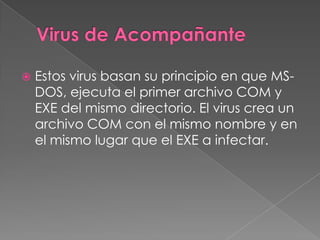    Estos virus basan su principio en que MS-
    DOS, ejecuta el primer archivo COM y
    EXE del mismo directorio. El virus crea un
    archivo COM con el mismo nombre y en
    el mismo lugar que el EXE a infectar.
 