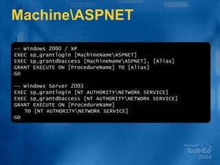 Machine\ASPNET -- Windows 2000 / XP EXEC sp_grantlogin [MachineName\ASPNET] EXEC sp_grantdbaccess [MachineName\ASPNET], [Alias] GRANT EXECUTE ON [ProcedureName] TO [Alias] GO -- Windows Server 2003 EXEC sp_grantlogin [NT AUTHORITY\NETWORK SERVICE] EXEC sp_grantdbaccess [NT AUTHORITY\NETWORK SERVICE] GRANT EXECUTE ON [ProcedureName] TO [NT AUTHORITY\NETWORK SERVICE] GO 