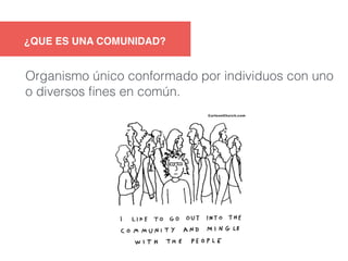 ¿QUE ES UNA COMUNIDAD? 
Organismo único conformado por individuos con uno 
o diversos fines en común. 
 