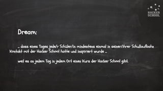 © 2015 Hacker School UG (haftungsbeschränkt)
Dream:
... dass eines Tages jede/r Schüler/in mindestens einmal in seiner/ihrer Schullaufbahn
Kontakt mit der Hacker School hatte und inspiriert wurde ...
weil es an jedem Tag in jedem Ort einen Kurs der Hacker School gibt.
 
