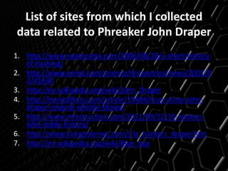 List of sites from which I collected
data related to Phreaker John Draper
1. http://www.neatorama.com/2006/08/28/a-short-history-
of-hacking/
2. http://www.wired.com/science/discoveries/news/2001/0
2/41630
3. http://en.wikipedia.org/wiki/John_Draper
4. http://mentalfloss.com/article/19484/true-crime-john-
draper-original-whistle-blower
5. http://www.infostruction.com/2011/09/12/10-hackers-
who-made-history/
6. http://www.livinginternet.com/i/ia_hackers_draper.htm
7. http://en.wikipedia.org/wiki/Blue_box
 