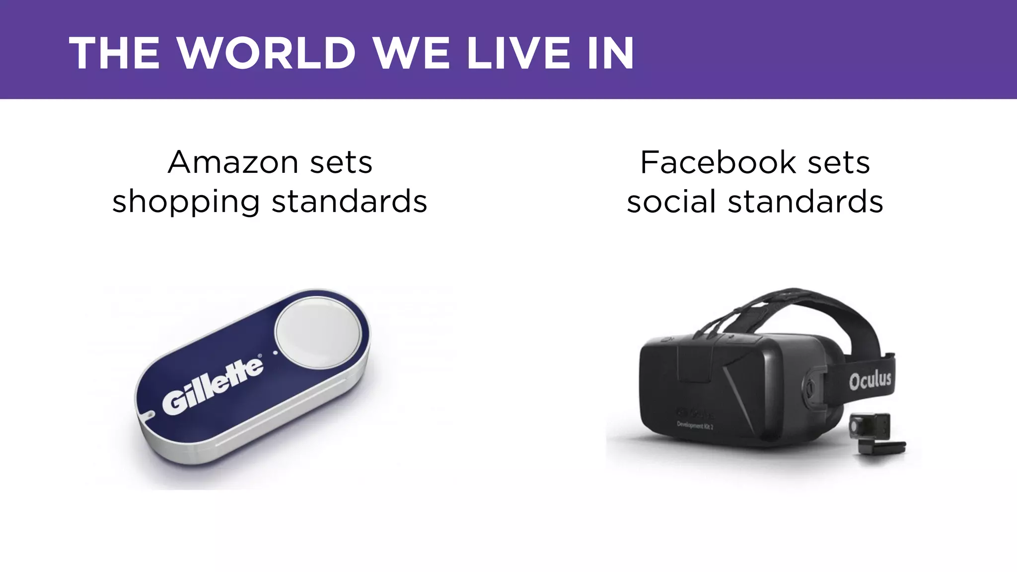 Amazon sets
shopping standards
Facebook sets
social standards
THE WORLD WE LIVE IN
 
