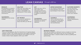 PROBLEM
Ethnography to research
customer problems and
ﬁnd opportunities. What
will be the triggers and  
motivations?
LEAN CANVAS
SOLUTION
Start with task tables and
move into prototypes.
Bake in ‘shareability’ and
distribution in from outset
Consideration: 
Alternatives and mental
models
KEY METRICS
Put customer satisfaction  
at the core and think 
about the KPIs you will use
UVP
Make sure your UVP is
clear within your
messaging and brand
strategy. Can you build
in superior connection
tools?
Consideration: 
Education curve, brand
awareness as well as  
retention.
CHANNELS
Which channels will you
use and why, think about
availability, consistency
and seamlessness
UNFAIR ADVANTAGE
Your brand’s infrastructure,
personalisation and your
psychological ‘hook model’
CUSTOMER SEGMENTS
List your personas
and verify them with
real people. Use
your personas to
inform your designs.
CYBER-DUCK LTD
Consideration: 
Early adopters,
diﬀerent generations, 
rewards
COST STRUCTURE
From a UX perspective, plan the importance of ongoing design,
usability reviews, CRO, quality assurance and organic marketing.
Is there a way to crowd source features and content? Can you  
create a tribe of early adopters within your CRM?
REVENUE STREAMS
How can you build in co-eﬃcient revenue models to minimise
advertising costs? Think about how you can increase user
retention and ‘bake’ in reward models as well as upselling and
partnerships.
Through a UX lens
 