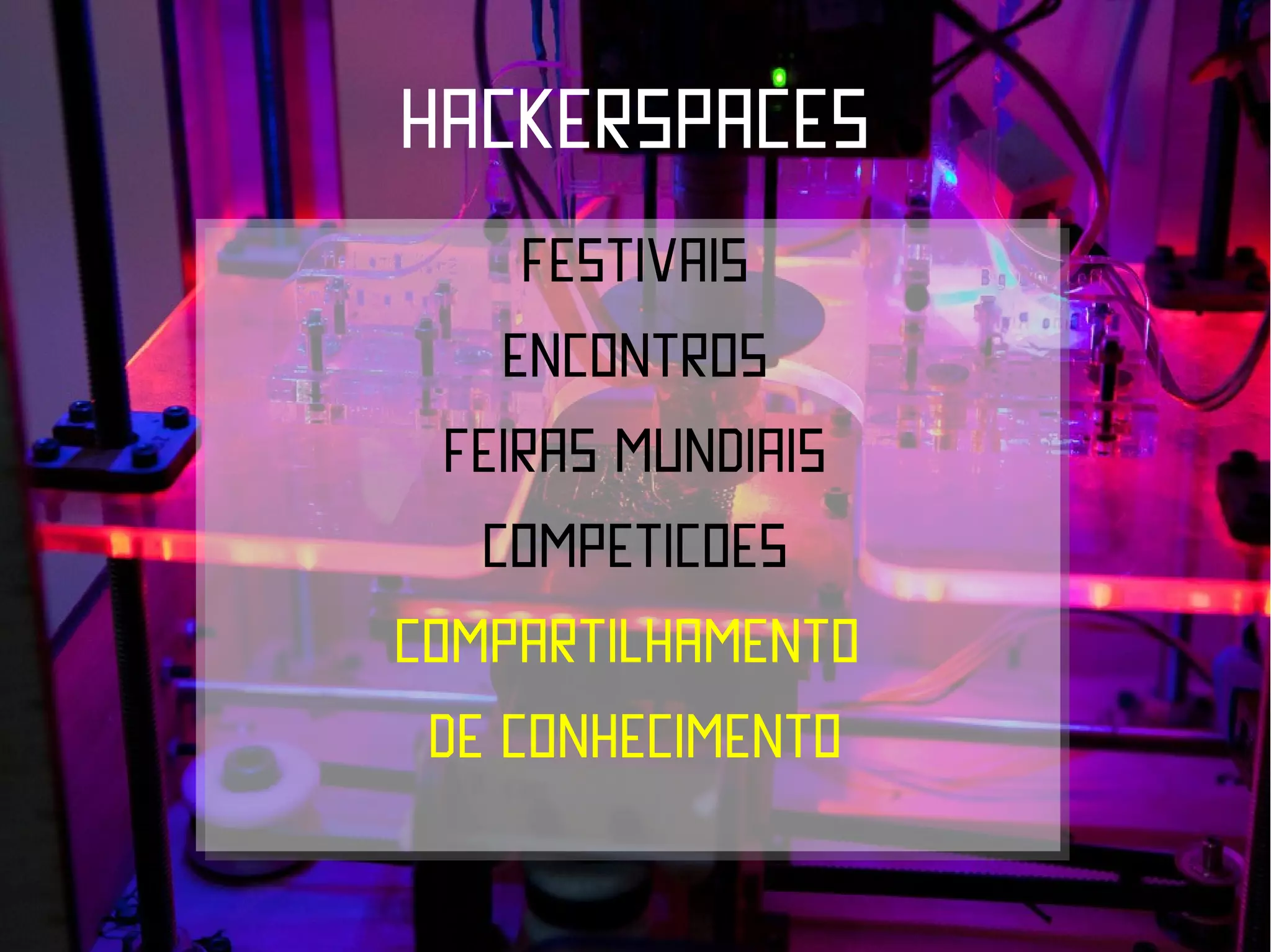 hackerspaces
     Festivais
    Encontros
  Feiras mundiais
   Competições
Compartilhamento
 De conhecimento
 