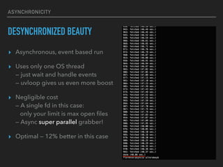 ASYNCHRONICITY
DESYNCHRONIZED BEAUTY
? Asynchronous, event based run
? Uses only one OS thread?
 just wait and handle events?
 uvloop gives us even more boost
? Negligible cost?
 A single fd in this case:?
only your limit is max open ?les?
 Async super parallel grabber!
? Optimal  12% better in this case
 