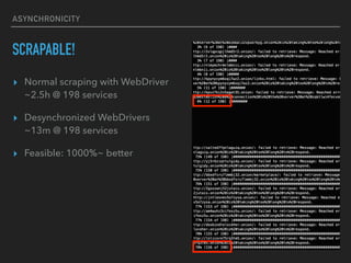 ASYNCHRONICITY
SCRAPABLE!
? Normal scraping with WebDriver?
~2.5h @ 198 services
? Desynchronized WebDrivers?
~13m @ 198 services
? Feasible: 1000%~ better
 