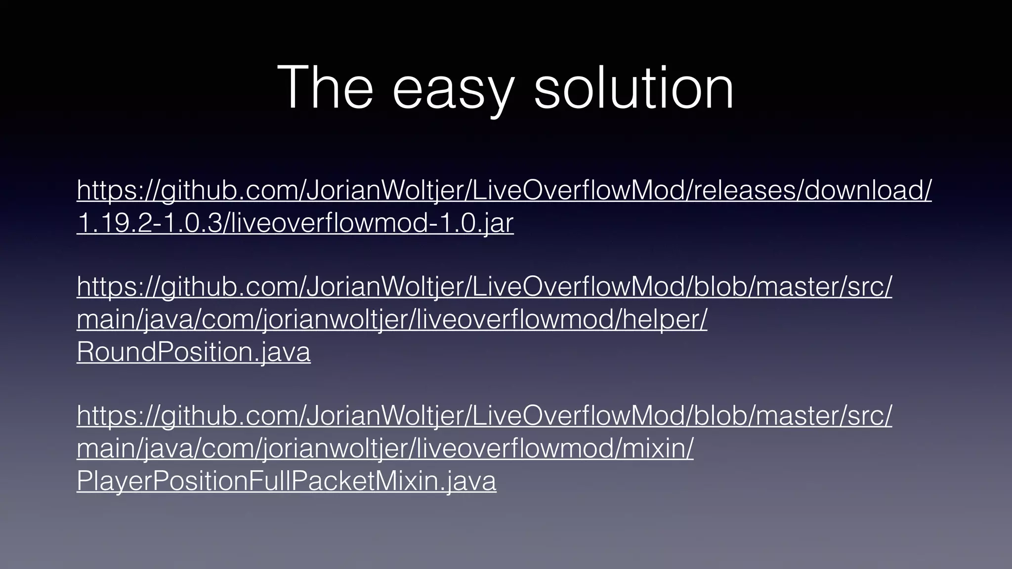 The easy solution
https://github.com/JorianWoltjer/LiveOver
fl
owMod/releases/download/
1.19.2-1.0.3/liveover
fl
owmod-1.0.jar
https://github.com/JorianWoltjer/LiveOver
fl
owMod/blob/master/src/
main/java/com/jorianwoltjer/liveover
fl
owmod/helper/
RoundPosition.java
https://github.com/JorianWoltjer/LiveOver
fl
owMod/blob/master/src/
main/java/com/jorianwoltjer/liveover
fl
owmod/mixin/
PlayerPositionFullPacketMixin.java
 