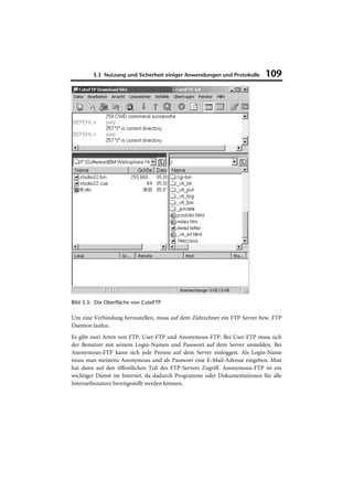 3.3 Nutzung und Sicherheit einiger Anwendungen und Protokolle     109




Bild 3.3: Die Oberfläche von CuteFTP

Um eine Verbindung herzustellen, muss auf dem Zielrechner ein FTP Server bzw. FTP
Daemon laufen.
Es gibt zwei Arten von FTP: User-FTP und Anonymous-FTP. Bei User-FTP muss sich
der Benutzer mit seinem Login-Namen und Passwort auf dem Server anmelden. Bei
Anonymous-FTP kann sich jede Person auf dem Server einloggen. Als Login-Name
muss man meistens Anonymous und als Passwort eine E-Mail-Adresse eingeben. Man
hat dann auf den öffentlichen Teil des FTP-Servers Zugriff. Anonymous-FTP ist ein
wichtiger Dienst im Internet, da dadurch Programme oder Dokumentationen für alle
Internetbenutzer bereitgestellt werden können.
 