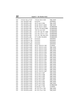 22                     Kapitel 1: Der Banken-Hack

TCP   172.24.152.xx:3127    172.24.153.5:1435       TIME_WAIT
TCP   193.158.209.xx:80     0.0.0.0:0               LISTENING
TCP   193.158.209.xx:80     62.27.xx6.3:1036        TIME_WAIT
TCP   193.158.209.xx:80     62.46.166.211:4232      TIME_WAIT
TCP   193.158.209.xx:80     62.46.166.211:4233      ESTABLISHED
TCP   193.158.209.xx:80     62.xx6.133.236:57480    ESTABLISHED
TCP   193.158.209.xx:80     193.101.4.4:1557        ESTABLISHED
TCP   193.158.209.xx:80     212.197.145.191:1042    ESTABLISHED
TCP   193.158.209.xx:80     212.197.157.61:1119     ESTABLISHED
TCP   193.158.209.xx:80     212.197.158.144:1073    ESTABLISHED
TCP   193.158.209.xx:80     217.2.206.133:4233      ESTABLISHED
TCP   193.158.209.xx:137    0.0.0.0:0               LISTENING
TCP   193.158.209.xx:138    0.0.0.0:0               LISTENING
TCP   193.158.209.xx:139    0.0.0.0:0               LISTENING
TCP   193.158.209.xx:443    0.0.0.0:0               LISTENING
TCP   193.158.209.xx:443    62.27.130.213:1182      CLOSING
TCP   193.158.209.xx:443    62.27.130.213:1233      TIME_WAIT
TCP   193.158.209.xx:443    62.27.130.213:1234      TIME_WAIT
TCP   193.158.209.xx:443    62.27.130.213:1235      TIME_WAIT
TCP   193.158.209.xx:443    62.27.130.213:1236      TIME_WAIT
TCP   193.158.209.xx:443    62.27.130.213:1237      TIME_WAIT
TCP   193.158.209.xx:443    62.27.130.213:1238      TIME_WAIT
TCP   193.158.209.xx:443    62.27.130.213:1239      TIME_WAIT
TCP   193.158.209.xx:443    62.27.130.213:1240      TIME_WAIT
TCP   193.158.209.xx:443    62.27.130.213:1241      TIME_WAIT
TCP   193.158.209.xx:443    62.27.130.213:1242      TIME_WAIT
TCP   193.158.209.xx:443    62.27.130.213:1243      TIME_WAIT
TCP   193.158.209.xx:443    62.27.130.213:1244      TIME_WAIT
TCP   193.158.209.xx:443    62.27.130.213:1245      TIME_WAIT
TCP   193.158.209.xx:443    62.27.130.213:1246      TIME_WAIT
TCP   193.158.209.xx:443    62.27.130.213:1247      TIME_WAIT
TCP   193.158.209.xx:443    62.27.xx6.3:1037        TIME_WAIT
TCP   193.158.209.xx:443    62.27.xx6.3:1038        TIME_WAIT
TCP   193.158.209.xx:443    62.27.xx6.3:1039        TIME_WAIT
TCP   193.158.209.xx:443    62.27.xx6.3:1040        TIME_WAIT
TCP   193.158.209.xx:443    62.27.xx6.3:1041        TIME_WAIT
TCP   193.158.209.xx:443    62.27.xx6.3:1042        TIME_WAIT
TCP   193.158.209.xx:443    62.27.xx6.3:1043        TIME_WAIT
TCP   193.158.209.xx:443    62.27.xx6.3:1044        ESTABLISHED
TCP   193.158.209.xx:443    62.54.56.xx:1194        CLOSING
TCP   193.158.209.xx:443    62.153.19.xx:1182       TIME_WAIT
TCP   193.158.209.xx:443    62.153.19.xx:1184       TIME_WAIT
 