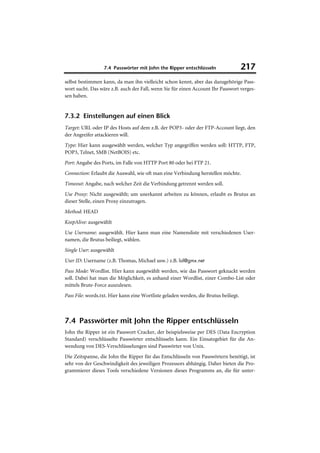 7.4 Passwörter mit John the Ripper entschlüsseln                    217
selbst bestimmen kann, da man ihn vielleicht schon kennt, aber das dazugehörige Pass-
wort sucht. Das wäre z.B. auch der Fall, wenn Sie für einen Account Ihr Passwort verges-
sen haben.


7.3.2 Einstellungen auf einen Blick
Target: URL oder IP des Hosts auf dem z.B. der POP3- oder der FTP-Account liegt, den
der Angreifer attackieren will.
Type: Hier kann ausgewählt werden, welcher Typ angegriffen werden soll: HTTP, FTP,
POP3, Telnet, SMB (NetBOIS) etc.
Port: Angabe des Ports, im Falle von HTTP Port 80 oder bei FTP 21.
Connection: Erlaubt die Auswahl, wie oft man eine Verbindung herstellen möchte.
Timeout: Angabe, nach welcher Zeit die Verbindung getrennt werden soll.
Use Proxy: Nicht ausgewählt; um unerkannt arbeiten zu können, erlaubt es Brutus an
dieser Stelle, einen Proxy einzutragen.
Method: HEAD
KeepAlive: ausgewählt
Use Username: ausgewählt. Hier kann man eine Namensliste mit verschiedenen User-
namen, die Brutus beiliegt, wählen.
Single User: ausgewählt
User ID: Username (z.B. Thomas, Michael usw.) z.B. lol@gmx.net
Pass Mode: Wordlist. Hier kann ausgewählt werden, wie das Passwort geknackt werden
soll. Dabei hat man die Möglichkeit, es anhand einer Wordlist, einer Combo-List oder
mittels Brute-Force auszulesen.
Pass File: words.txt. Hier kann eine Wortliste geladen werden, die Brutus beiliegt.



7.4 Passwörter mit John the Ripper entschlüsseln
John the Ripper ist ein Passwort Cracker, der beispielsweise per DES (Data Encryption
Standard) verschlüsselte Passwörter entschlüsseln kann. Ein Einsatzgebiet für die An-
wendung von DES-Verschlüsselungen sind Passwörter von Unix.
Die Zeitspanne, die John the Ripper für das Entschlüsseln von Passwörtern benötigt, ist
sehr von der Geschwindigkeit des jeweiligen Prozessors abhängig. Daher bieten die Pro-
grammierer dieses Tools verschiedene Versionen dieses Programms an, die für unter-
 