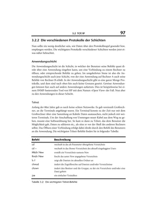 3.2 TCP/IP                                       97
3.2.2 Die verschiedenen Protokolle der Schichten
Nun sollte ein wenig deutlicher sein, wie Daten über den Protokollstapel gesendet bzw.
empfangen werden. Die wichtigsten Protokolle verschiedener Schichten werden jetzt et-
was näher beleuchtet.


Anwendungsschicht
Die Anwendungsschicht ist die Schicht, in welcher der Benutzer seine Befehle quasi di-
rekt über eine Anwendung eingeben kann, um eine Verbindung zu einem Rechner zu
öffnen, oder entsprechende Befehle zu geben. Im umgekehrten Sinne ist also die An-
wendungsschicht auch jene Schicht, von der eine Anwendung auf Rechner A auch seine
Befehle von Rechner B erhält. In der Anwendungsschicht gibt es eine ganze Menge Pro-
tokolle, und dem sind nach oben hin auch keine Grenzen gesetzt. Gewisse Anwendun-
gen können hier auch auf andere Anwendungen aufsetzen. Dies ist beispielsweise bei ei-
nem SNMP-basierenden Tool von HP mit dem Namen »Open View« der Fall. Nun aber
zu den Anwendungen in dieser Schicht.


Telnet
Anfang der 80er Jahre gab es noch keine echten Netzwerke. Es gab vereinzelt Großrech-
ner, an die Terminals angehängt waren. Ein Terminal konnte zu der Zeit nur mit dem
Großrechner über eine Sammlung an Kabeln Daten austauschen, nicht jedoch mit wei-
teren Terminals. Um der Anschaffung von Unmengen neuer Kabel aus dem Weg zu ge-
hen, musste eine Softwarelösung her. So kam es dann zu Telnet, das dem Benutzer die
Möglichkeit gab, Daten zu editieren etc., als sitze er vor der Shell des anderen Rechners
selbst. Das Öffnen einer Verbindung erfolgt dabei direkt durch den Befehl des Benutzers
an die Anwendung. Die wichtigsten Telnet-Befehle finden Sie in folgender Tabelle:


Befehl               Beschreibung
cd                   wechselt in das als Parameter übergebene Verzeichnis
cd ~                 wechselt in das Home-Verzeichnis des aktuell eingeloggten Users
Mkdir New            erstellt ein Verzeichnis namens New
Rmdir New            löscht das unter New angegebene Verzeichnis
ls -l                zeigt alle Dateien im aktuellen Ordner an
chmod                ändert die Zugriffsrechte auf Dateien und/oder Verzeichnisse
chown                ändert den Besitzer und die Gruppe, zu der ein Verzeichnis und/oder eine
                     Datei gehört
joe                  ein einfacher Texteditor

Tabelle 3.2: Die wichtigsten Telnet-Befehle
 