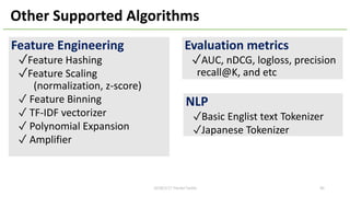 Other Supported Algorithms
Feature Engineering
✓Feature Hashing
✓Feature Scaling
(normalization, z-score)
✓ Feature Binning
✓ TF-IDF vectorizer
✓ Polynomial Expansion
✓ Amplifier
NLP
✓Basic Englist text Tokenizer
✓Japanese Tokenizer
Evaluation metrics
✓AUC, nDCG, logloss, precision
recall@K, and etc
402018/2/17 HackerTackle
 