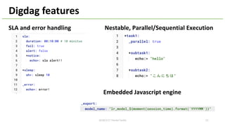 2018/2/17 HackerTackle 53
Digdag features
SLA and error handling Nestable, Parallel/Sequential Execution
Embedded Javascript engine
 