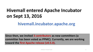 Hivemall entered Apache Incubator
on Sept 13, 2016
Since then, we invited 3 contributors as new committers (a
committer has been voted as PPMC). Currently, we are working
toward the first Apache release (v0.5.0).
hivemall.incubator.apache.org
62018/2/17 HackerTackle
 