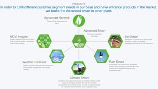 Advanced Smart
Soil Smart
Rain Smart
Climate Smart
NDVI images
Weather Forecast
Designed for small crop areas with
dripping system. Irrigation
management based in soil moisture.
Automatic rain collectors, designed
to be a plug and play product that can
access any market including non
irrigated areas.
Digital product that can fit any farm to
allow faster expansion with online
selling.
Digital product that can fit any
farm to allow faster expansion
with online selling.
Previous complete
package
Irrigation management based in weather station water
balance. Product to face the current market
competition in a similar price, as well as positioning it
for climate monitoring for non-irrigated areas.
Agrosmart Network
Central that connects the
farm
PRODUCTS
In order to fulfill different customer segment needs in our base and have entrance products in the market,
we broke the Advanced smart in other plans
 
