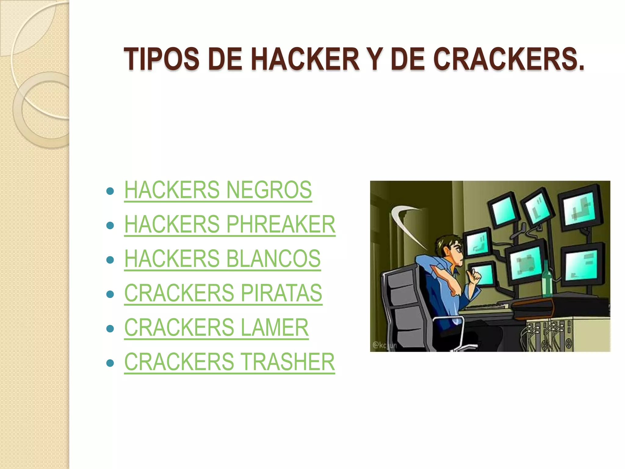 TIPOS DE HACKER Y DE CRACKERS.



   HACKERS NEGROS
   HACKERS PHREAKER
   HACKERS BLANCOS
   CRACKERS PIRATAS
   CRACKERS LAMER
   CRACKERS TRASHER
 