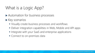 What is a Logic App?
 Automation for business processes
 Key scenarios
 Visually create business processes and workflows
 Deliver integration capabilities in Web, Mobile and API apps
 Integrate with your SaaS and enterprise applications
 Connect to on-premises data
 