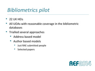  22 UK HEIs
 All UOAs with reasonable coverage in the bibliometric
databases
 Trialled several approaches
 Address based model
 Author based models
 Just RAE submitted people
 Selected papers
Bibliometrics pilot______________________________________________________________________________________________________________________________
 