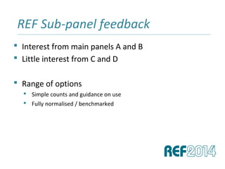  Interest from main panels A and B
 Little interest from C and D
 Range of options
 Simple counts and guidance on use
 Fully normalised / benchmarked
REF Sub-panel feedback______________________________________________________________________________________________________________________________
 