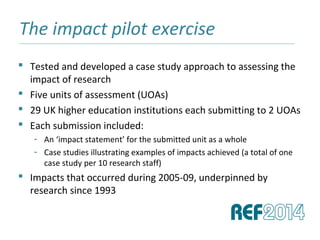 The impact pilot exercise______________________________________________________________________________________________________________________________
 Tested and developed a case study approach to assessing the
impact of research
 Five units of assessment (UOAs)
 29 UK higher education institutions each submitting to 2 UOAs
 Each submission included:
- An ‘impact statement’ for the submitted unit as a whole
- Case studies illustrating examples of impacts achieved (a total of one
case study per 10 research staff)
 Impacts that occurred during 2005-09, underpinned by
research since 1993
 
