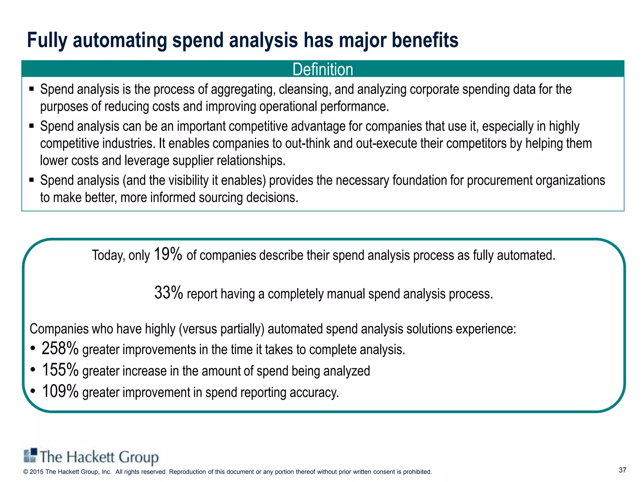 37© 2015 The Hackett Group, Inc. All rights reserved. Reproduction of this document or any portion thereof without prior written consent is prohibited.
Fully automating spend analysis has major benefits
Today, only 19% of companies describe their spend analysis process as fully automated.
33% report having a completely manual spend analysis process.
Companies who have highly (versus partially) automated spend analysis solutions experience:
• 258% greater improvements in the time it takes to complete analysis.
• 155% greater increase in the amount of spend being analyzed
• 109% greater improvement in spend reporting accuracy.
 Spend analysis is the process of aggregating, cleansing, and analyzing corporate spending data for the
purposes of reducing costs and improving operational performance.
 Spend analysis can be an important competitive advantage for companies that use it, especially in highly
competitive industries. It enables companies to out-think and out-execute their competitors by helping them
lower costs and leverage supplier relationships.
 Spend analysis (and the visibility it enables) provides the necessary foundation for procurement organizations
to make better, more informed sourcing decisions.
Definition
 