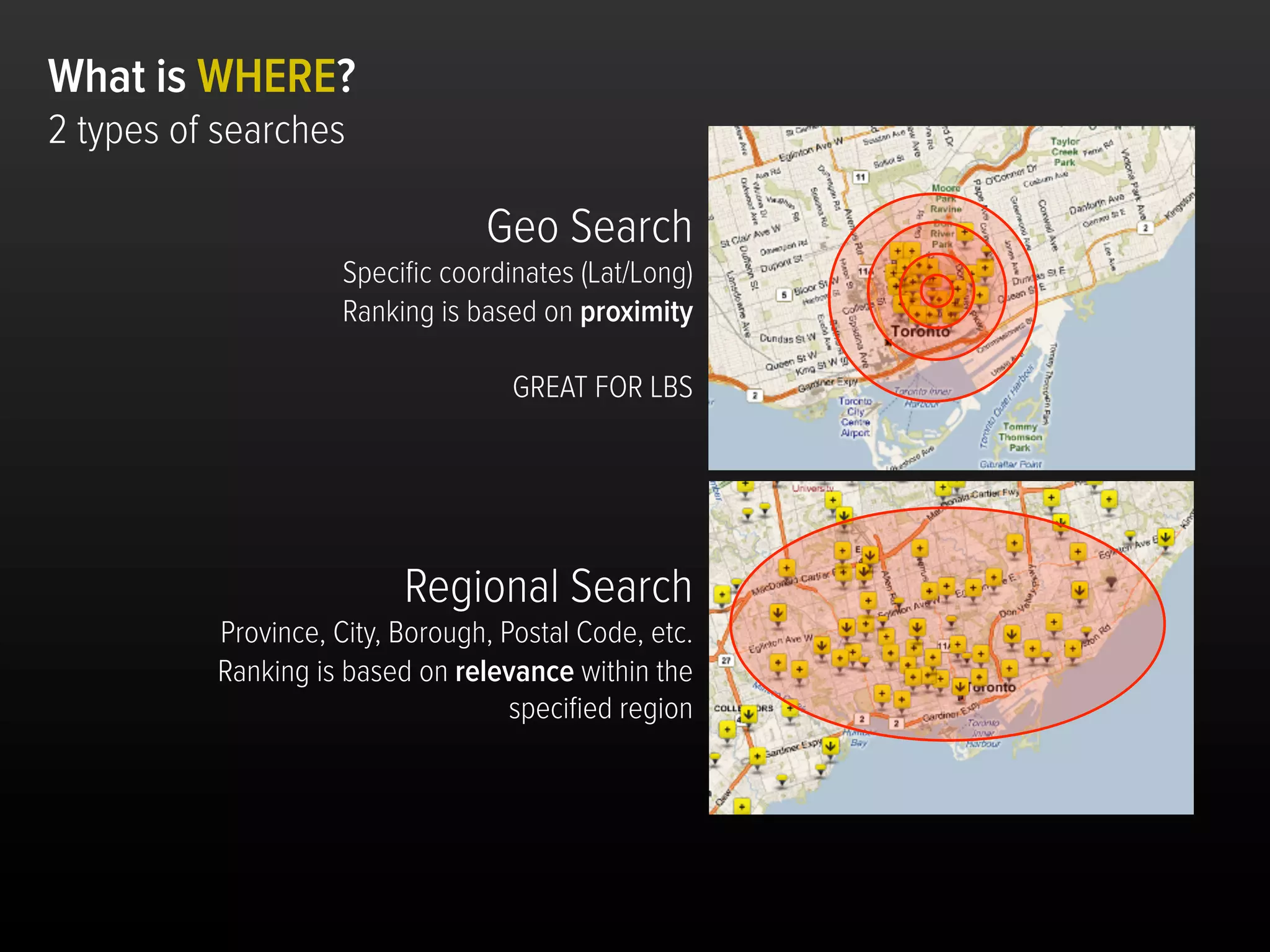 What is WHERE?
2 types of searches

                                 Geo Search
                     Speciﬁc coordinates (Lat/Long)
                     Ranking is based on proximity

                                    GREAT FOR LBS




                          Regional Search
          Province, City, Borough, Postal Code, etc.
          Ranking is based on relevance within the
                                    speciﬁed region




                                                       Dra$	
  and	
  conﬁden,al	
  	
  	
  	
  p.13	
  
 