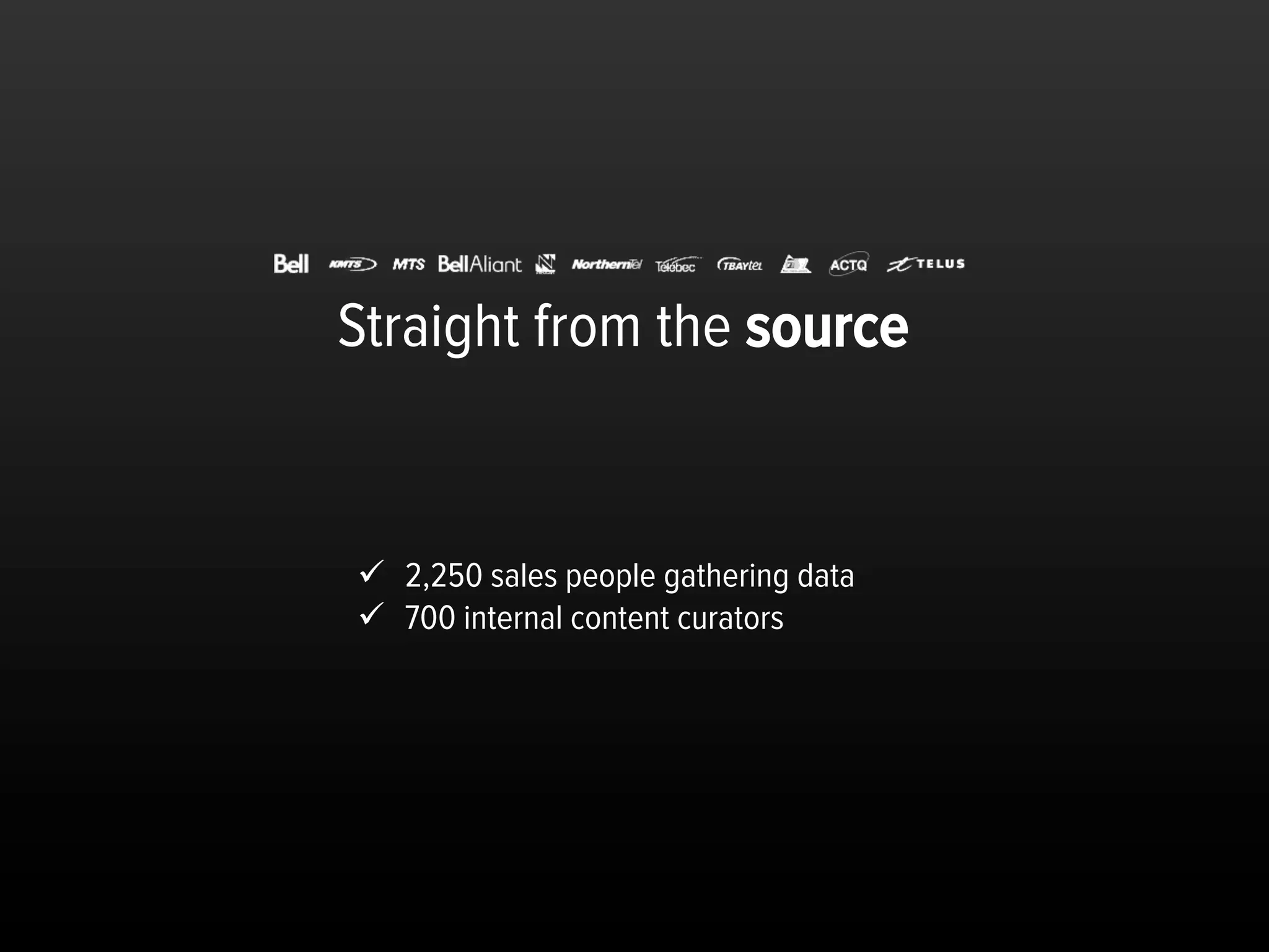 Straight from the source


ü  2,250 sales people gathering data
ü  700 internal content curators
 