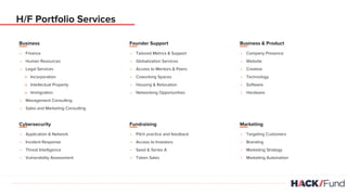 H/F Portfolio Services
• Finance
• Human Resources
• Legal Services
o Incorporation
o Intellectual Property
o Immigration
• Management Consulting
• Sales and Marketing Consulting
Business
• Tailored Metrics & Support
• Globalization Services
• Access to Mentors & Peers
• Coworking Spaces
• Housing & Relocation
• Networking Opportunities
Founder Support
• Company Presence
• Website
• Creative
• Technology
• Software
• Hardware
Business & Product
• Application & Network
• Incident Response
• Threat Intelligence
• Vulnerability Assessment
Cybersecurity
• Pitch practice and feedback
• Access to Investors
• Seed & Series A
• Token Sales
Fundraising
• Targeting Customers
• Branding
• Marketing Strategy
• Marketing Automation
Marketing
 