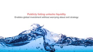 Publicly listing unlocks liquidity
Enables global investment without worrying about exit strategy
 