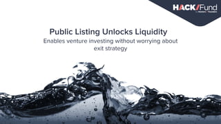 Public Listing Unlocks Liquidity
22
Enables venture investing without worrying about
exit strategy
 