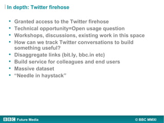 In depth: Twitter firehose

•   Granted access to the Twitter firehose
•   Technical opportunity=Open usage question
•   W...