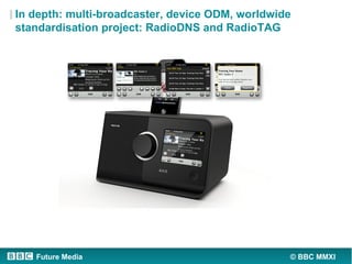 In depth: multi-broadcaster, device ODM, worldwide
standardisation project: RadioDNS and RadioTAG




   Future Media     ...