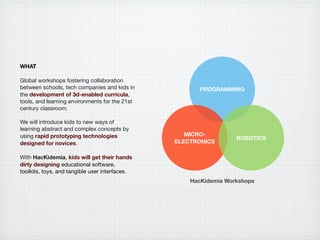 WHAT

Global workshops fostering collaboration
between schools, tech companies	and kids in            PROGRAMMING
the development of 3d-enabled curricula,
tools, and learning environments for the 21st
century classroom.

We will introduce kids to new ways of
learning abstract and complex concepts by
using rapid prototyping technologies               MICRO-
                                                                  ROBOTICS
designed for novices.                           ELECTRONICS

With HacKidemia, kids will get their hands
dirty designing educational software,
toolkits, toys, and tangible user interfaces.
                                                    HacKidemia Workshops
 