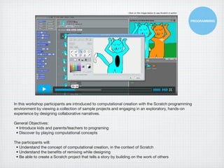 Click on the image below to see Scratch in action


                                                                                                                       PROGRAMMING




In this workshop participants are introduced to computational creation with the Scratch programming
environment by viewing a collection of sample projects and engaging in an exploratory, hands-on
experience by designing collaborative narratives.

General Objectives:
 • Introduce kids and parents/teachers to programing
 • Discover by playing computational concepts

The participants will:
 • Understand the concept of computational creation, in the context of Scratch
 • Understand the beneﬁts of remixing while designing
 • Be able to create a Scratch project that tells a story by building on the work of others
 