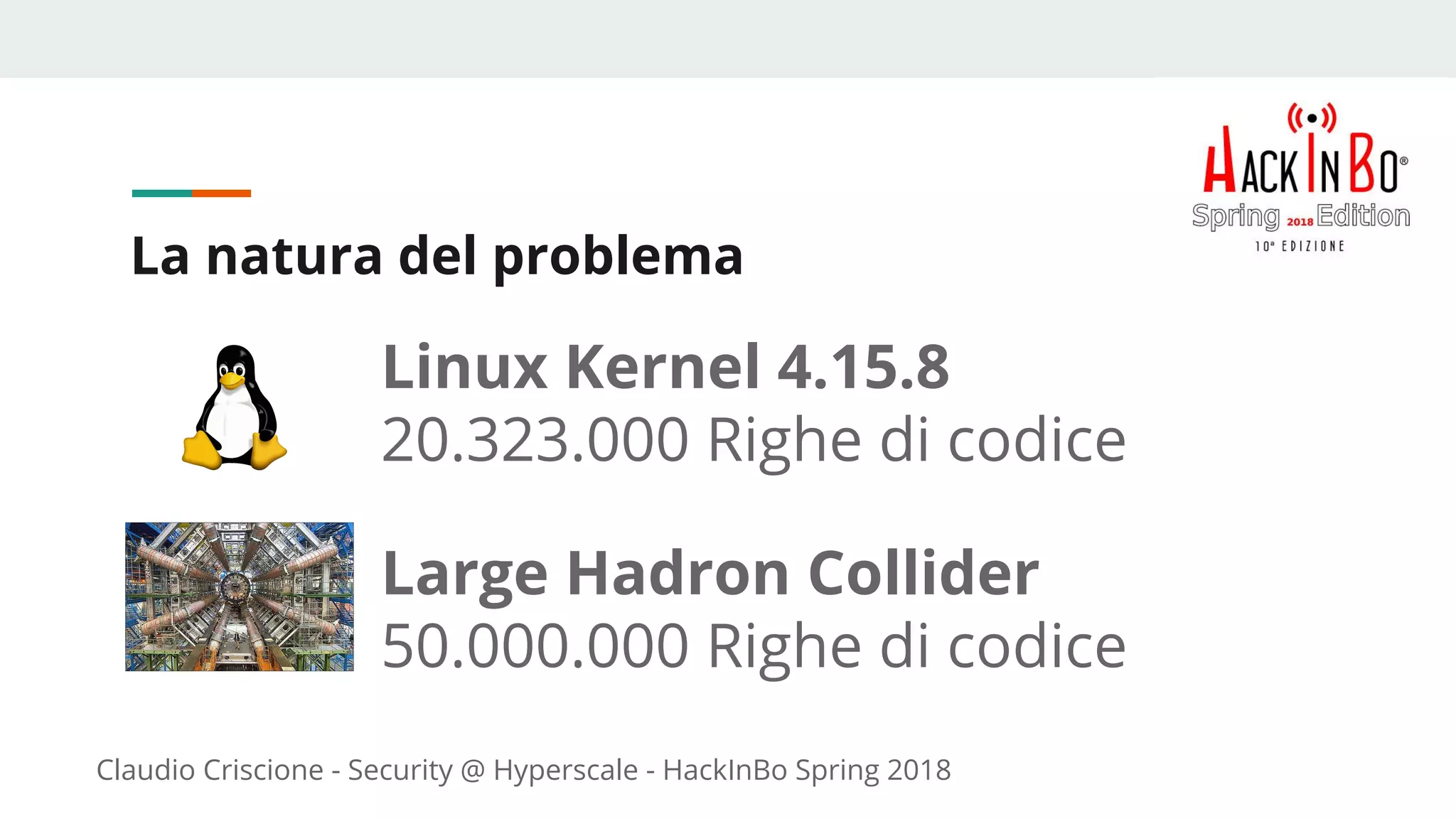 Claudio Criscione - Security @ Hyperscale - HackInBo Spring 2018
La natura del problema
Linux Kernel 4.15.8
20.323.000 Righe di codice
Large Hadron Collider
50.000.000 Righe di codice
 