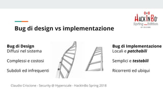 Claudio Criscione - Security @ Hyperscale - HackInBo Spring 2018
Bug di design vs implementazione
Bug di Implementazione
Locali e patchabili
Semplici e testabili
Ricorrenti ed ubiqui
Bug di Design
Diffusi nel sistema
Complessi e costosi
Subdoli ed infrequenti
 
