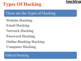 Types Of Hacking
 These are the Types of Hacking
 Website Hacking
 Email Hacking
 Network Hacking
 Password Hacking
 Online Banking Hacking
 Computer Hacking

 Ethical Hacking
 