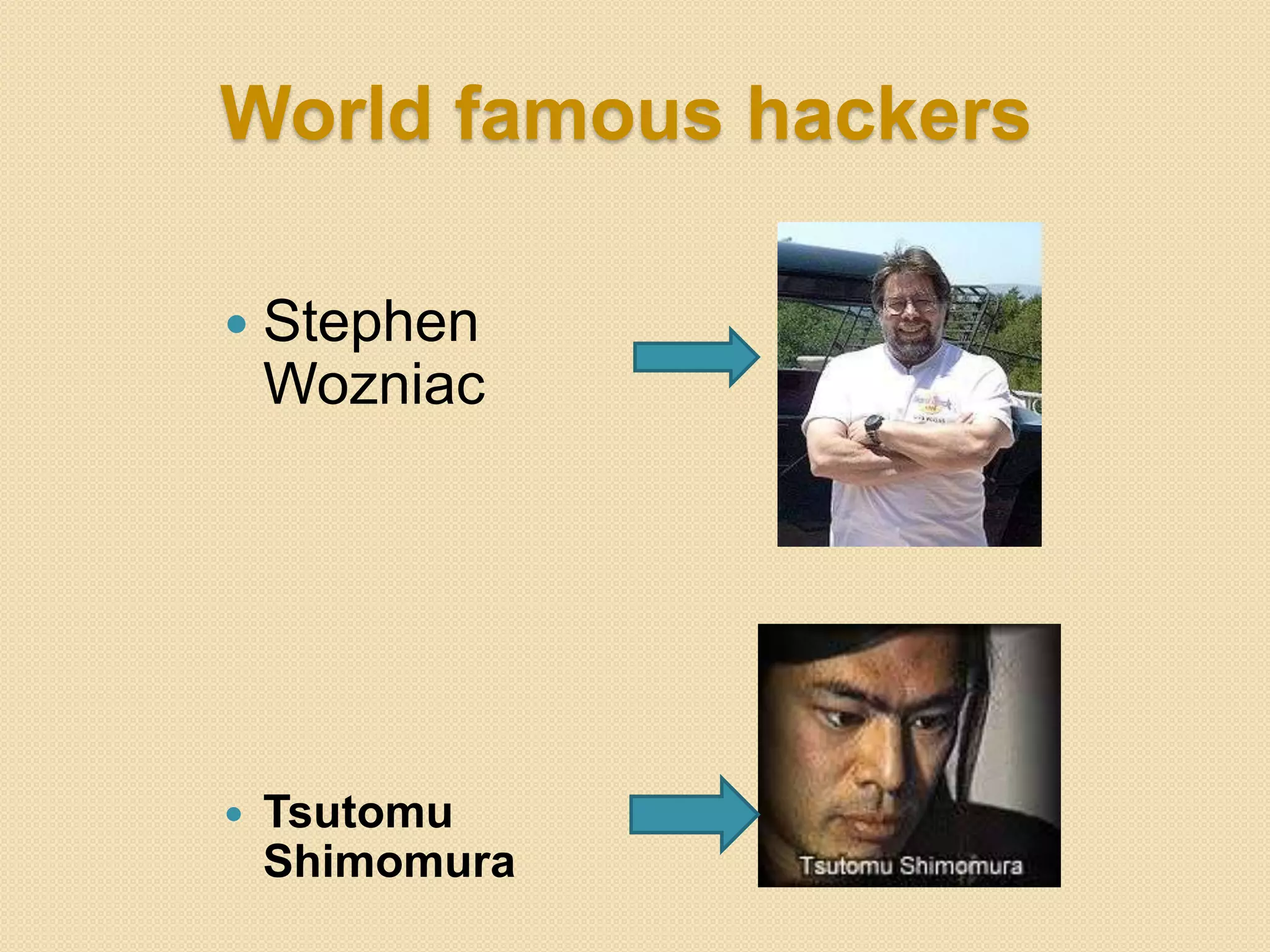 World famous hackers
 Stephen
Wozniac
 Tsutomu
Shimomura
 