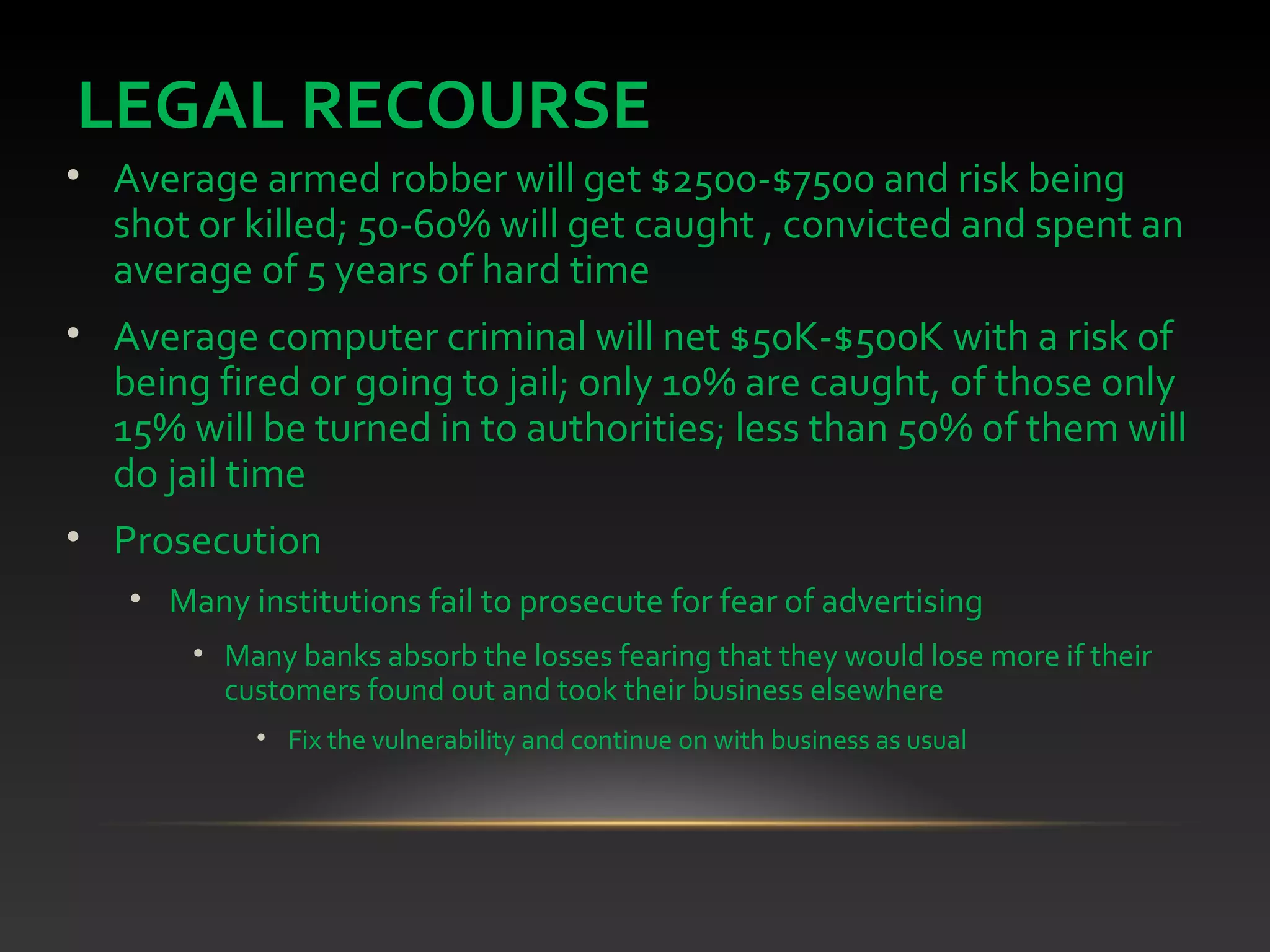 LEGAL RECOURSE
• Average armed robber will get $2500-$7500 and risk being
shot or killed; 50-60% will get caught , convicted and spent an
average of 5 years of hard time
• Average computer criminal will net $50K-$500K with a risk of
being fired or going to jail; only 10% are caught, of those only
15% will be turned in to authorities; less than 50% of them will
do jail time
• Prosecution
• Many institutions fail to prosecute for fear of advertising
• Many banks absorb the losses fearing that they would lose more if their
customers found out and took their business elsewhere
• Fix the vulnerability and continue on with business as usual
 