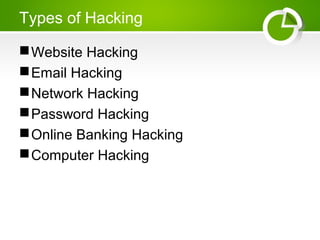 Types of Hacking
Website Hacking
Email Hacking
Network Hacking
Password Hacking
Online Banking Hacking
Computer Hacking
 