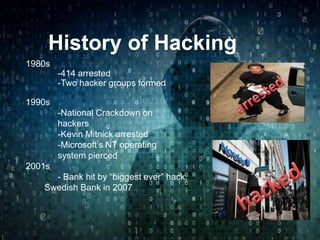History of Hacking
1980s
-414 arrested
-Two hacker groups formed
1990s
-National Crackdown on
hackers
-Kevin Mitnick arrested
-Microsoft’s NT operating
system pierced
2001s
- Bank hit by “biggest ever” hack.
Swedish Bank in 2007
 
