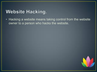 • Network Hacking is generally means gathering
information about domain by using tools like Telnet, Ns
look UP, Ping, Trac...